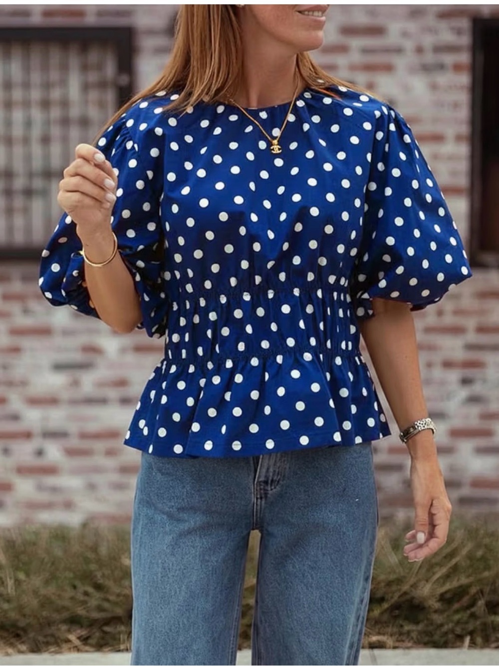 Cicy Bell Women’s Blue with white Polka Dot Puff Sleeve Peplum Top